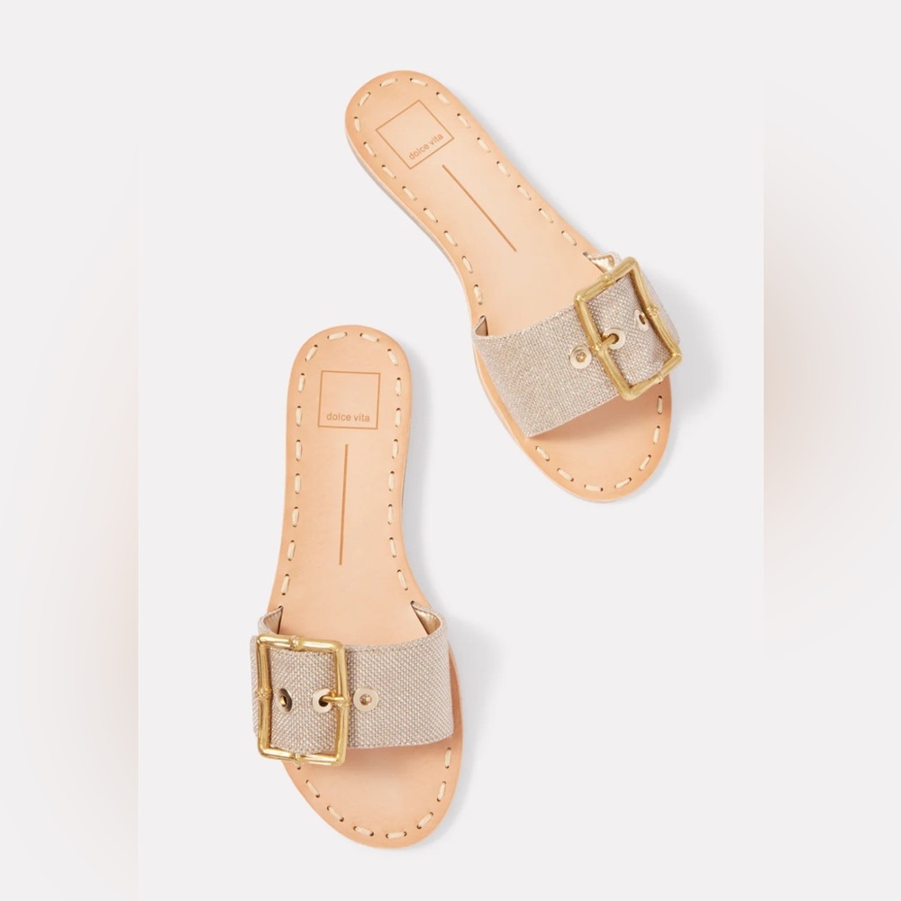 Dolce Vita Beige/Gold Buckle Slide Sandals, Size 8.5
